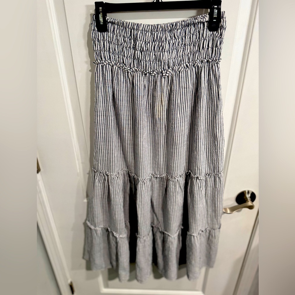 Max Studio DenimBlue and White Striped Midi Skirt